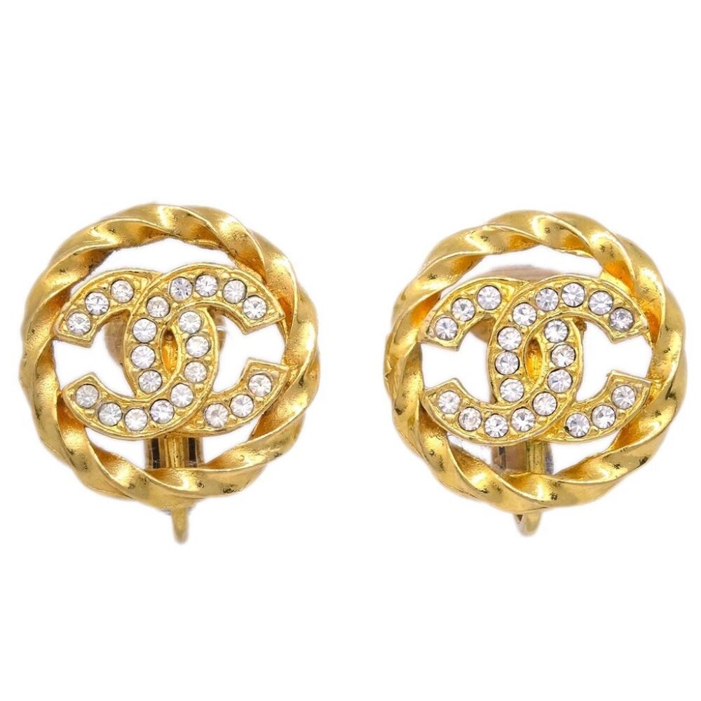 Chanel Gold Button Earrings Clip-On Rhinestone